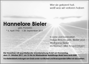 Traueranzeige von Hannelore Bieler von Trauerportal Rhein Main Presse