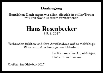 Traueranzeige von Hans Rosenbecker von  Gießener Anzeiger