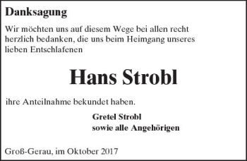 Traueranzeige von Hans Strobl von Trauerportal Echo Online