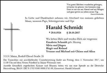Traueranzeige von Harald Schmidt von Trauerportal Rhein Main Presse
