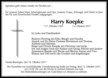 Traueranzeige von Harry Koepke von  Gießener Anzeiger