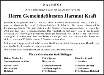 Traueranzeige von Hartmut Kraft von  Kreisanzeiger