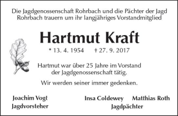 Traueranzeige von Hartmut Kraft von  Kreisanzeiger