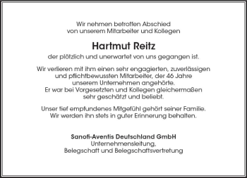 Traueranzeige von Hartmut Reitz von Trauerportal Rhein Main Presse
