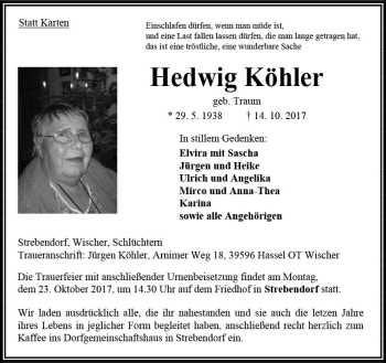 Traueranzeige von Hedwig Köhler von VRM Trauer