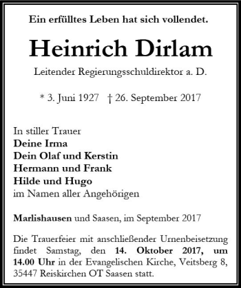 Traueranzeige von Heinrich Dirlan von  Gießener Anzeiger