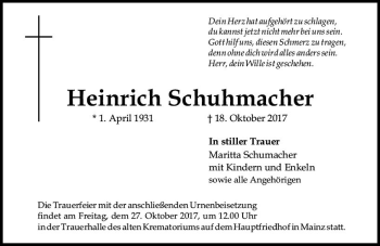 Traueranzeige von Heinrich Schuhmacher von Trauerportal Rhein Main Presse