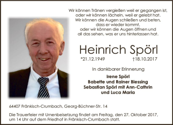 Traueranzeige von Heinrich Spörl von Trauerportal Echo Online
