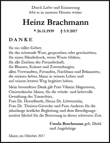 Traueranzeige von Heinz Brachmann von Trauerportal Rhein Main Presse