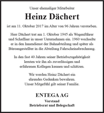 Traueranzeige von Heinz Dächert von Trauerportal Echo Online