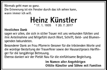 Traueranzeige von Heinz Künstler von VRM Trauer