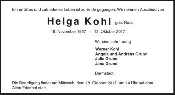 Traueranzeige von Helga Kohl von Trauerportal Echo Online