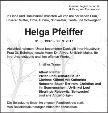 Traueranzeige von Helga Pfeiffer von Trauerportal Rhein Main Presse