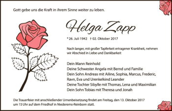 Traueranzeige von Helga Zapp von Trauerportal Rhein Main Presse