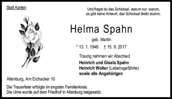 Traueranzeige von Helma Spahn von VRM Trauer