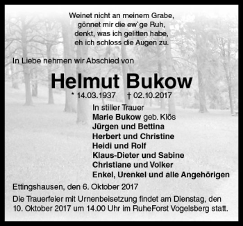 Traueranzeige von Helmut Bukow von  Gießener Anzeiger