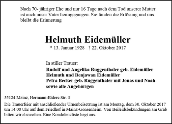 Traueranzeige von Helmuth Eidemüller von Trauerportal Rhein Main Presse