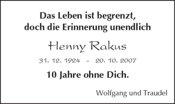 Traueranzeige von Henny Rakus von Trauerportal Echo Online