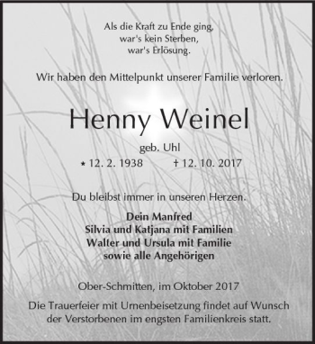 Traueranzeige von Henny Weinel von  Kreisanzeiger