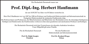 Traueranzeige von Herbert Haußmann von Trauerportal Echo Online