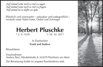 Traueranzeige von Herbert Pluschke von Trauerportal Rhein Main Presse