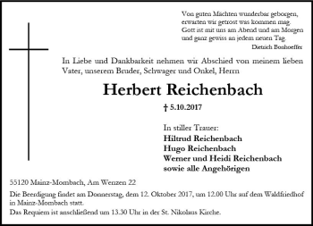 Traueranzeige von Herbert Reichenbach von Trauerportal Rhein Main Presse