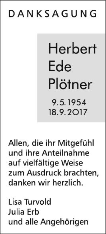Traueranzeige von Herbert Ede Plötner von  Gießener Anzeiger