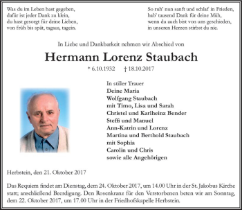 Traueranzeige von Hermann Lorenz Staubach von VRM Trauer