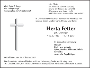 Traueranzeige von Herta Fetter von  Kreisanzeiger