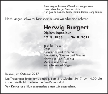 Traueranzeige von Herwig Burgert von  Gießener Anzeiger