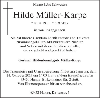 Traueranzeige von Hilde Müller-Karge von Trauerportal Rhein Main Presse