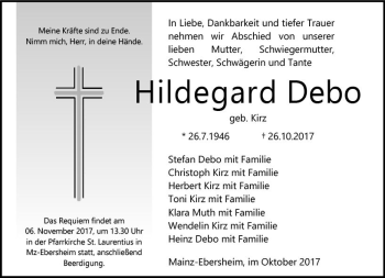 Traueranzeige von Hildegard Debo von Trauerportal Rhein Main Presse