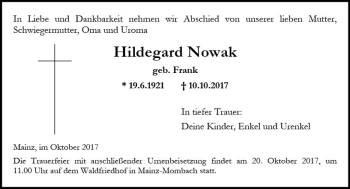 Traueranzeige von Hildegard Nowak von Trauerportal Rhein Main Presse