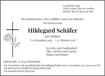 Traueranzeige von Hildegard Schäfer von Trauerportal Rhein Main Presse