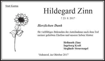 Traueranzeige von Hildegard Zinn von VRM Trauer