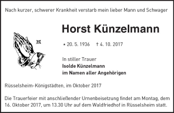 Traueranzeige von Horst Künzelmann von Trauerportal Rhein Main Presse
