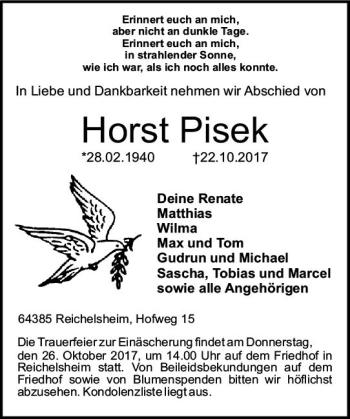 Traueranzeige von Horst Pisek von Trauerportal Echo Online