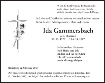 Traueranzeige von Ida Gammersbach von Trauerportal Rhein Main Presse