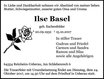 Traueranzeige von Ilse Basel von Trauerportal Echo Online
