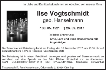 Traueranzeige von Ilse Vogtschmidt von Trauerportal Rhein Main Presse