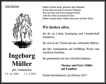 Traueranzeige von Ingeborg Müller von VRM Trauer