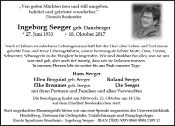 Traueranzeige von Ingeborg Seeger von Trauerportal Echo Online
