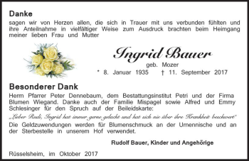 Traueranzeige von Ingrid Bauer von Trauerportal Rhein Main Presse