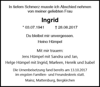 Traueranzeige von Ingrid Hümpel von Trauerportal Rhein Main Presse