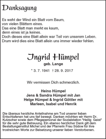 Traueranzeige von Ingrid Hümpel von Trauerportal Rhein Main Presse