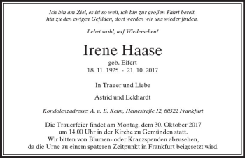 Traueranzeige von Irene Haase von  Usinger Anzeiger