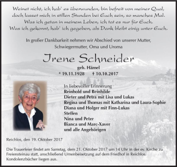 Traueranzeige von Irene Schneider von VRM Trauer