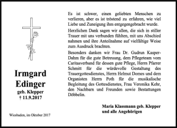 Traueranzeige von Irmgard Edinger von Trauerportal Rhein Main Presse