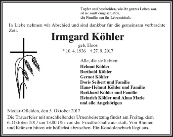 Traueranzeige von Irmgard Köhler von VRM Trauer