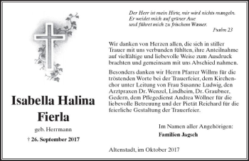 Traueranzeige von Isabella Halina Fierla von  Kreisanzeiger